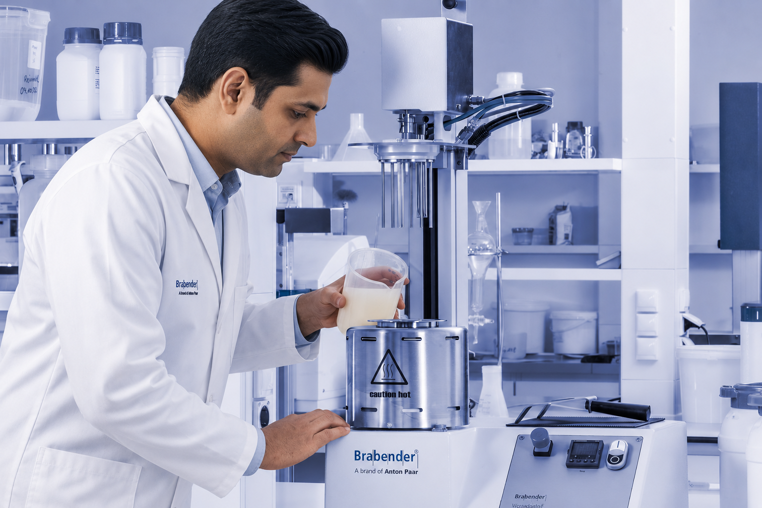 Laboratory technician testing tapioca starch viscosity with Brabender quality control equipment in a clean modern lab