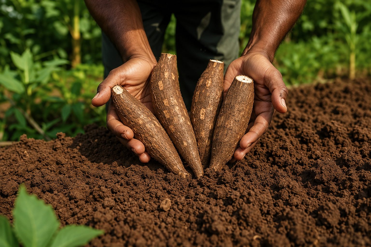 Farmer holding freshly harvested cassava roots over rich soil in a green field, showing natural raw material selection