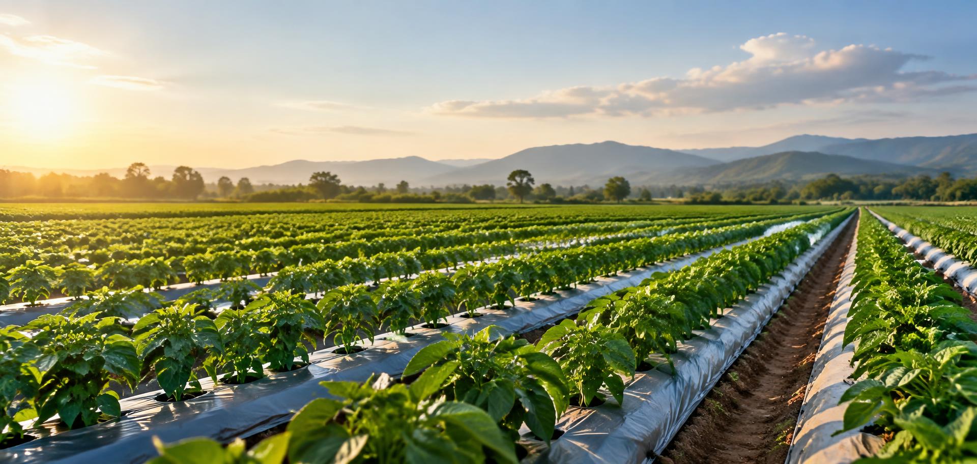 Wide commercial agricultural field with mulch-film-covered crop beds