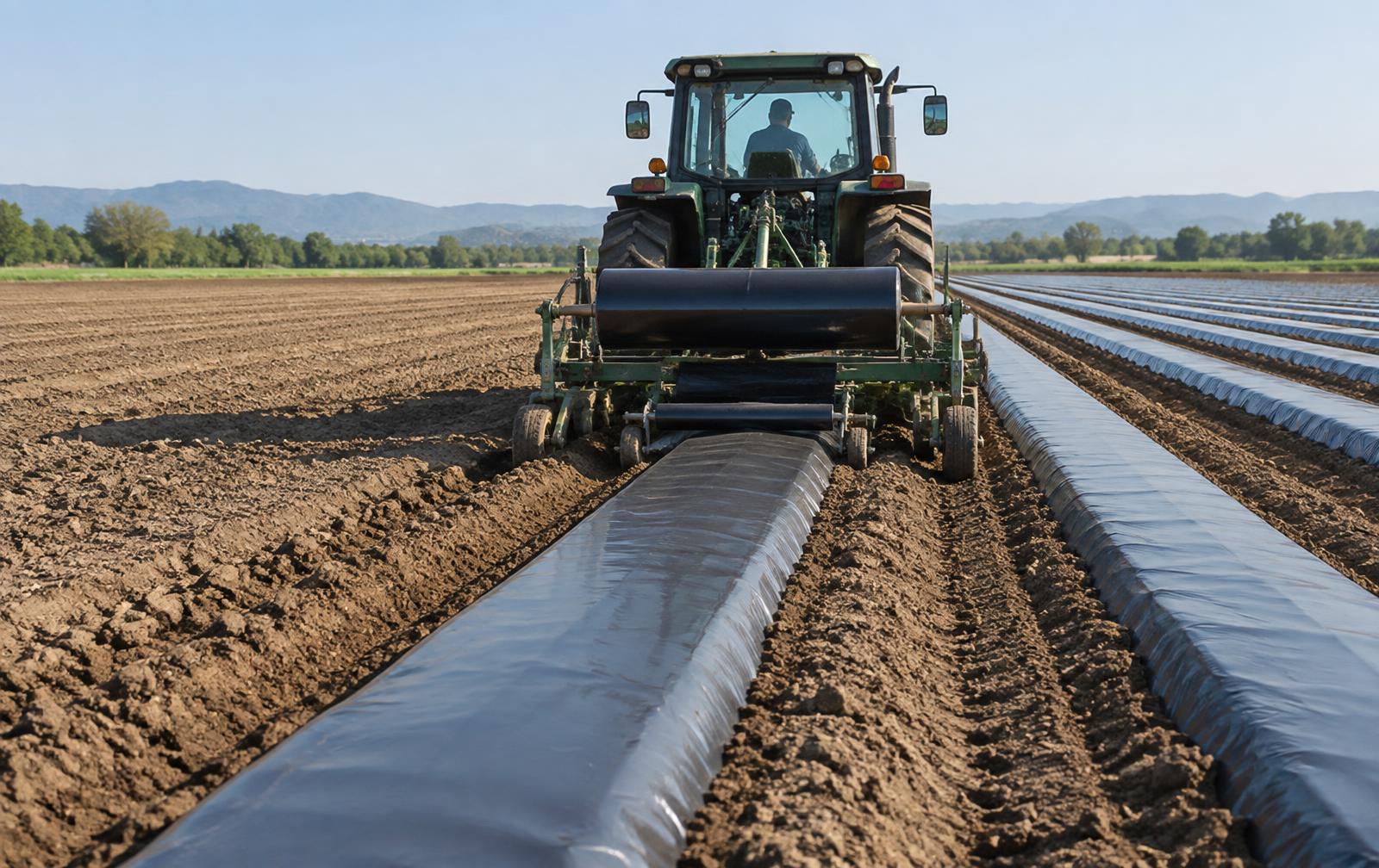 Commercial farm machinery installing mulch film over prepared raised beds