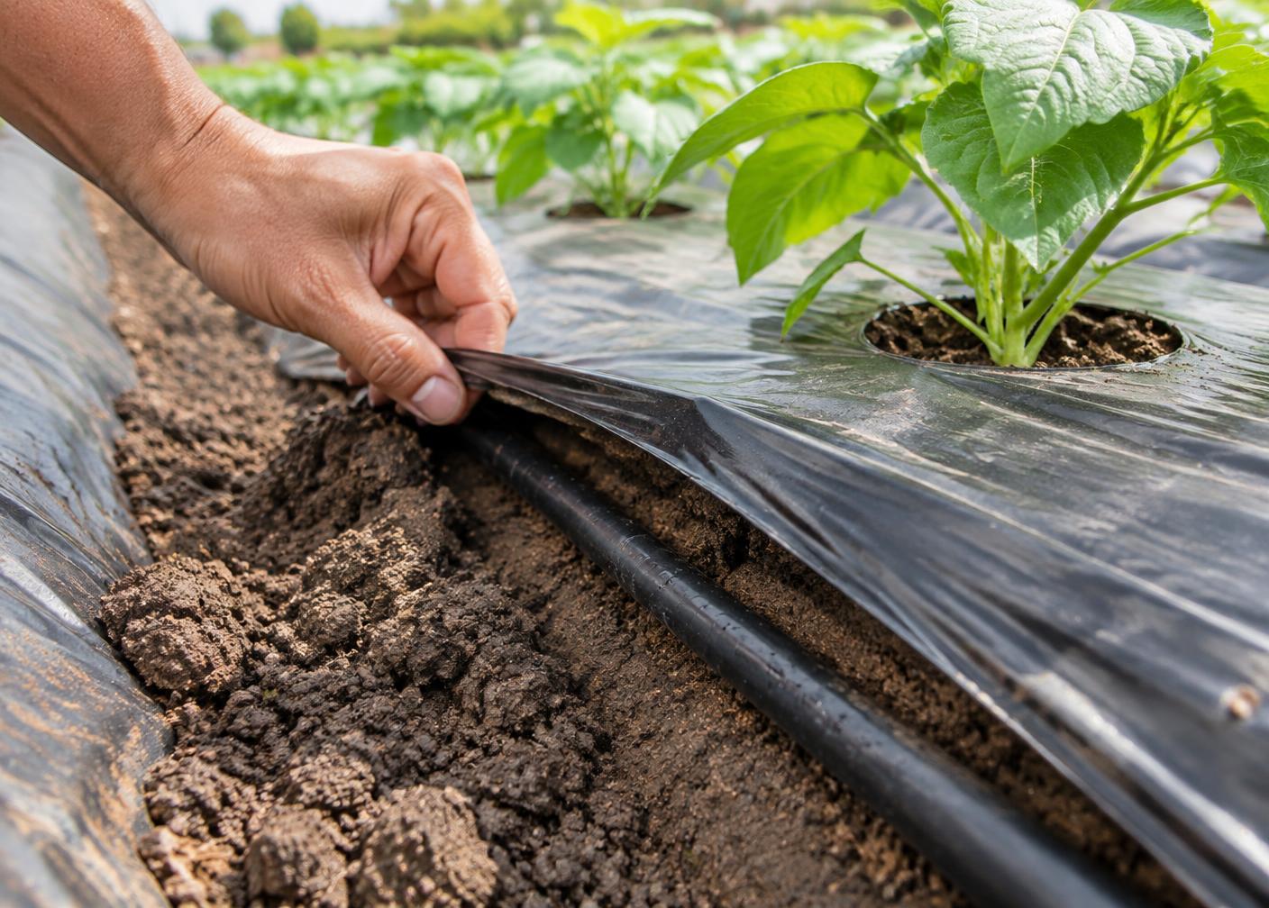 Drip irrigation line positioned beneath agricultural mulch film