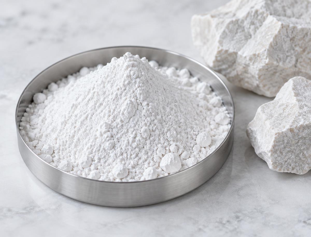 Clean calcium carbonate limestone powder in a technical sample tray
