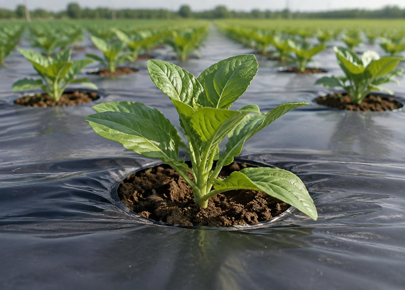 Healthy plant emerging through an evenly prepared opening in mulch film