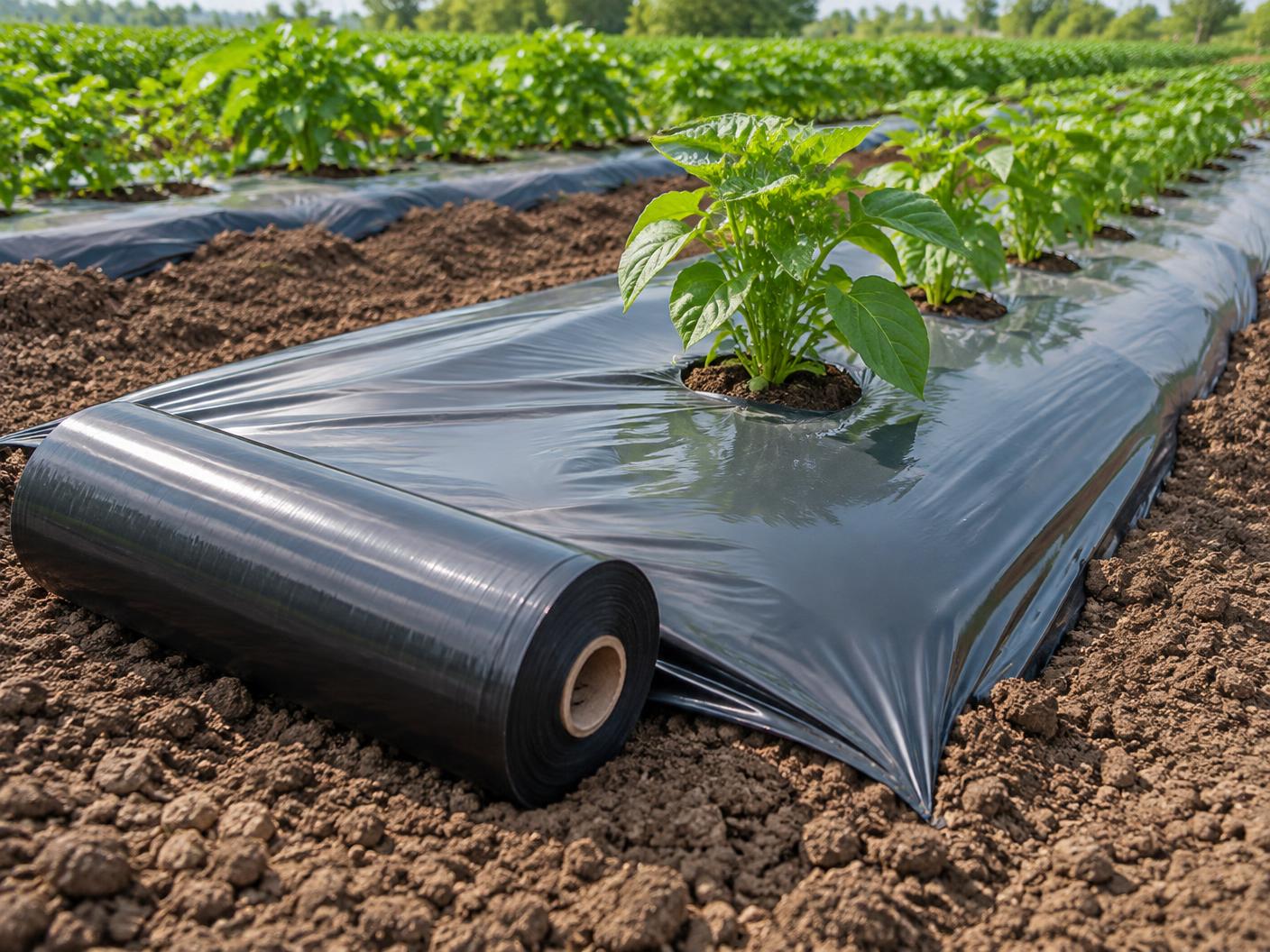 Mulch film roll partially installed over a prepared agricultural bed