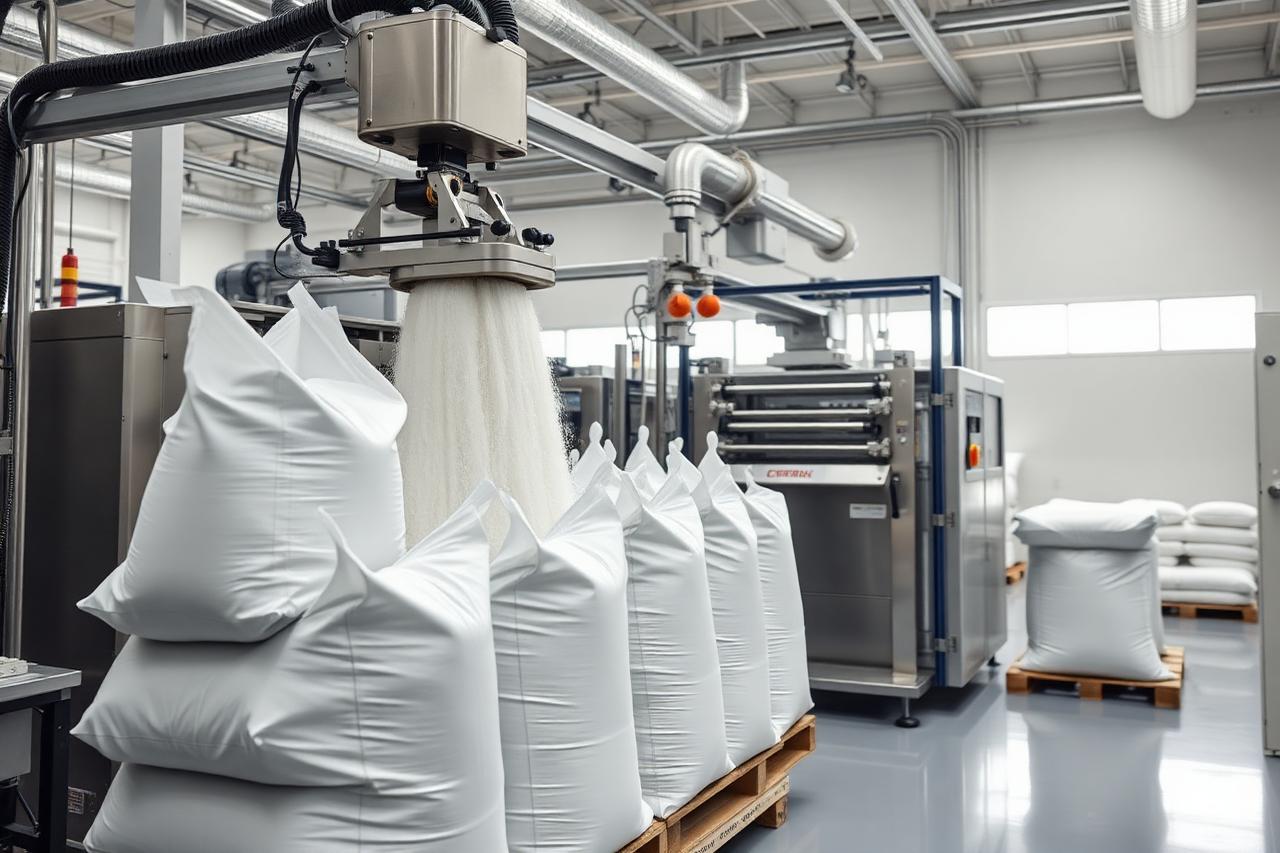 Automated packaging line filling tapioca starch into multi-wall sacks