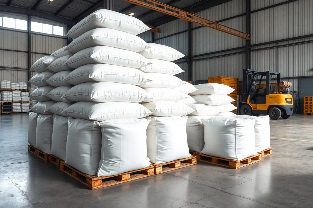 Palletised starch bags stored in an export warehouse